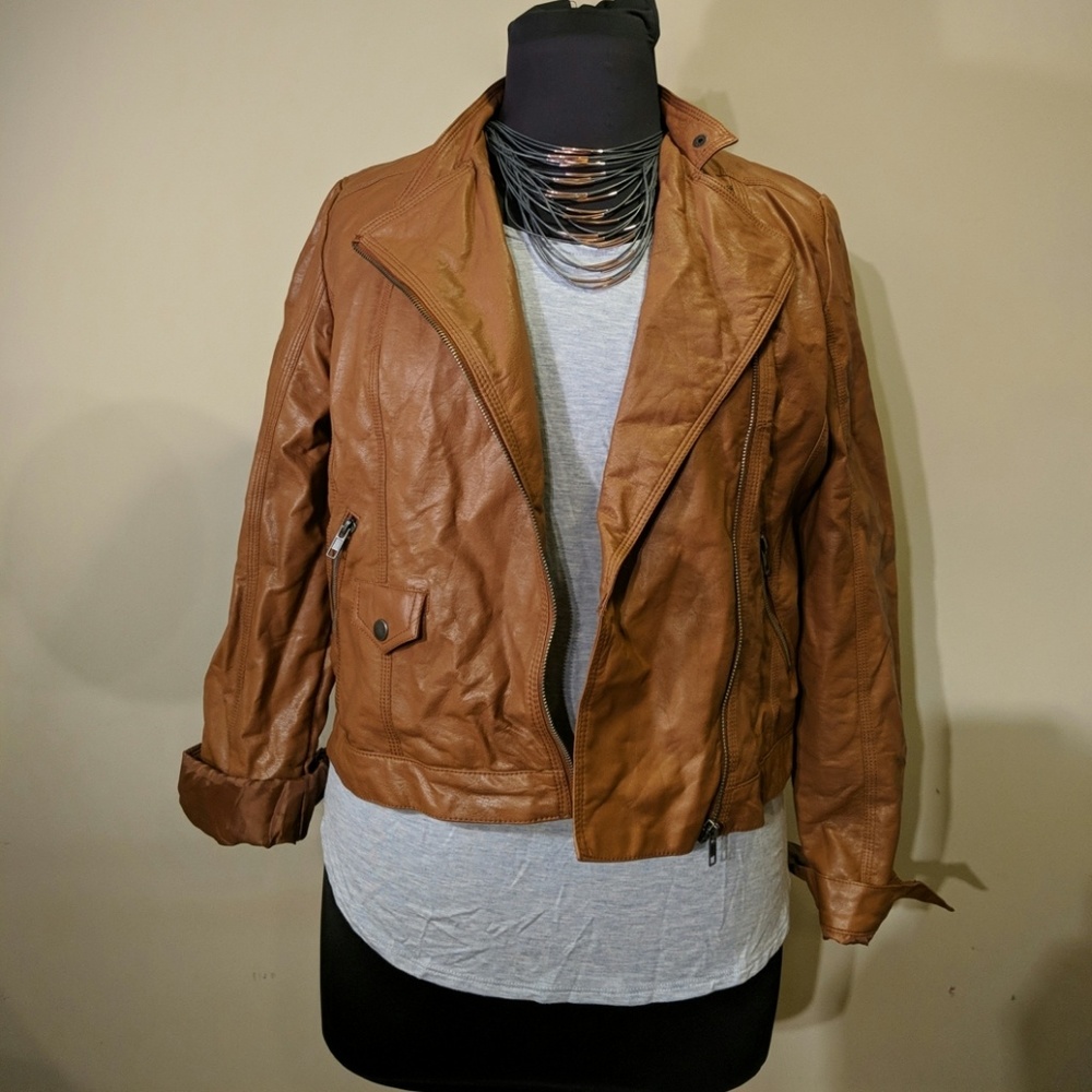 Brown faux leather moto jacket